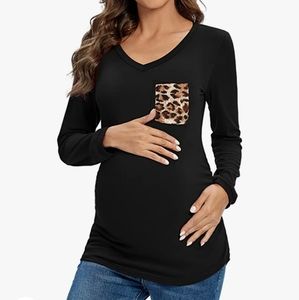 NWT Coolmee Long Sleeve Black Leopard Pocket Tee T Shirt Maternity sz 2XL